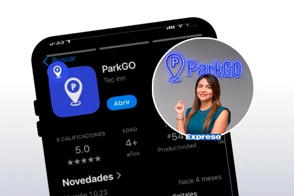Celular mostrando la ficha de ParkGO en la tienda de apps junto al logo de Expreso y la CEO de ParkGO