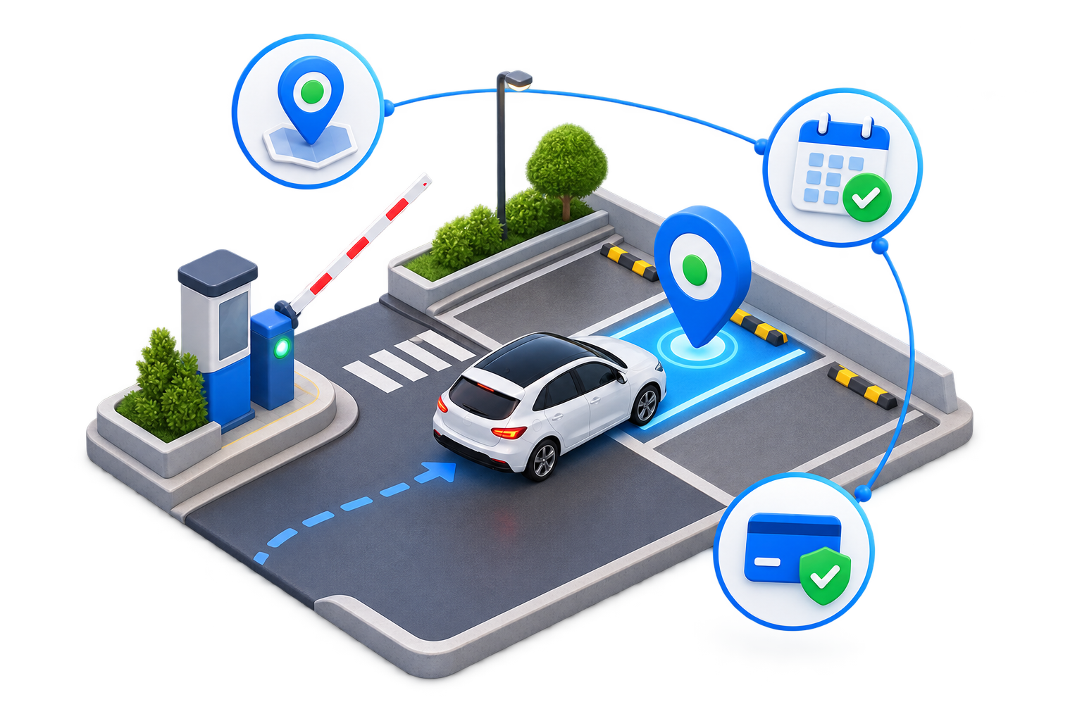 Ilustración de un auto ingresando a un estacionamiento ParkGO con reserva y pago digital