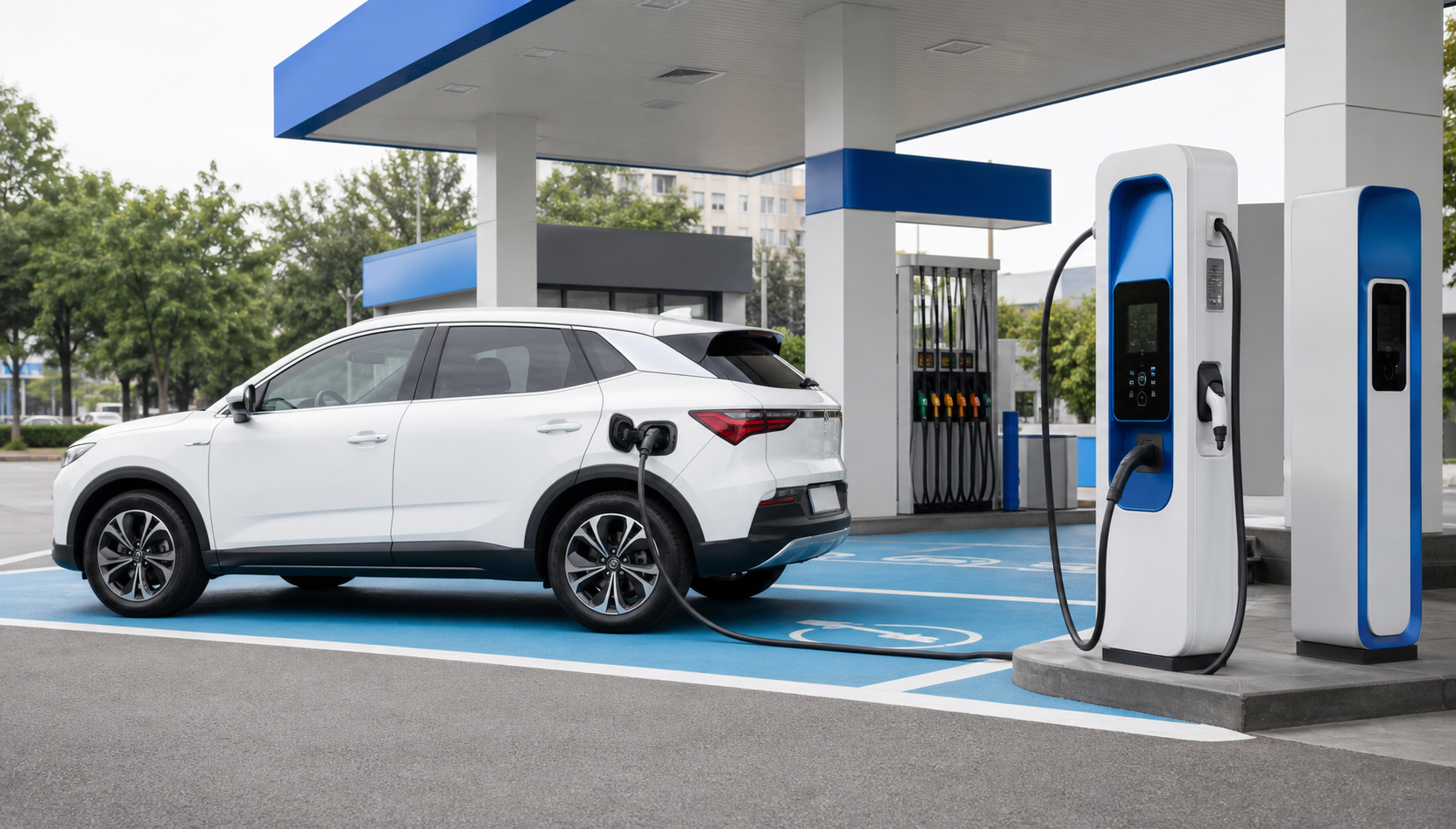 Auto eléctrico cargando en una estación de servicio