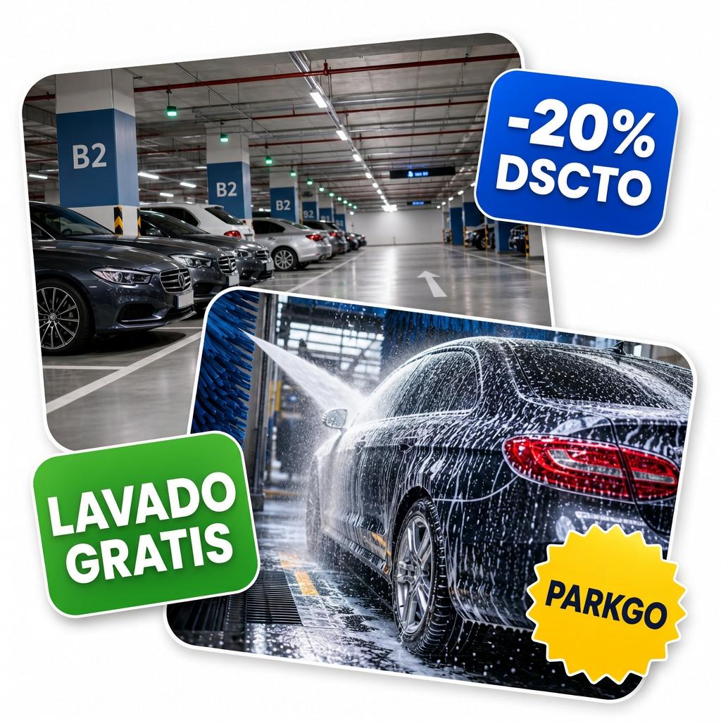 Collage promocional con estacionamiento, lavado de autos y etiquetas de descuento
