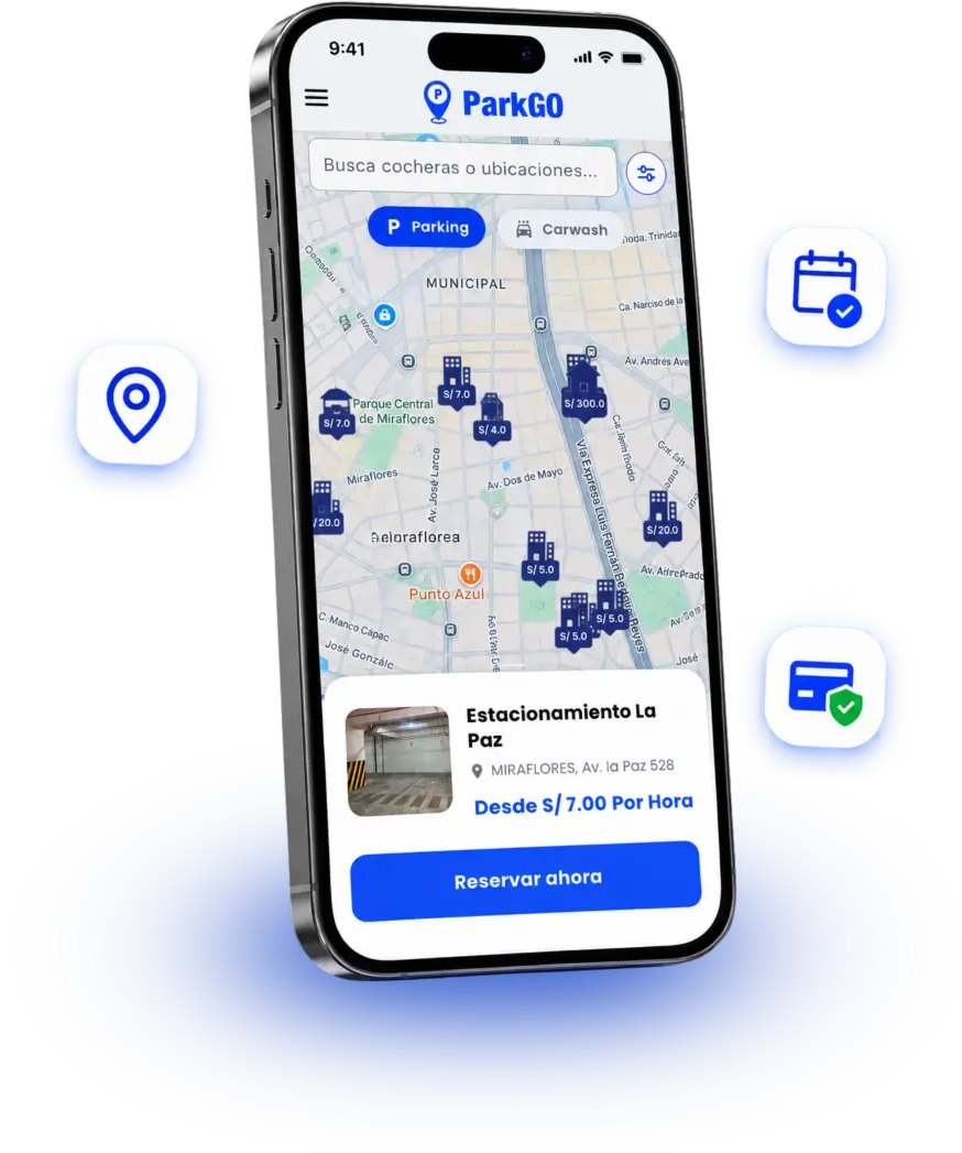 Vista de la app ParkGO mostrando Estacionamiento La Paz en el mapa