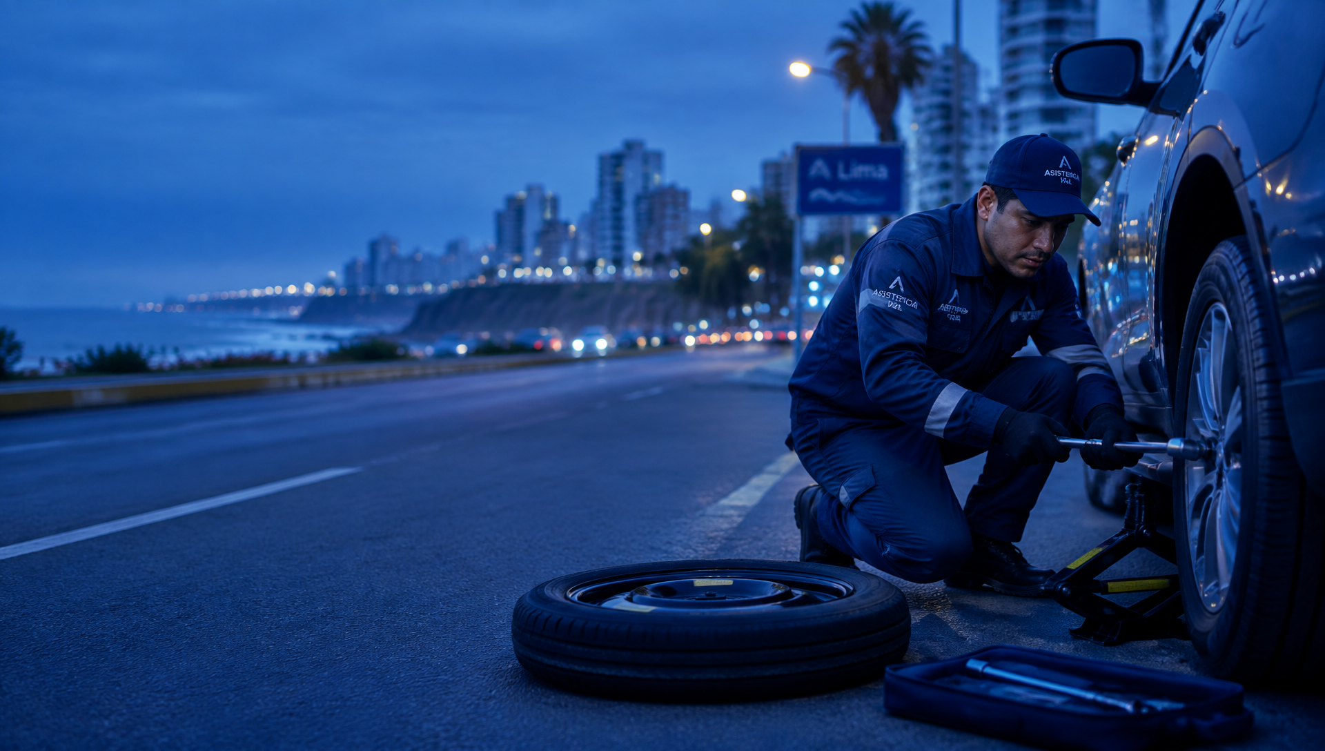 Asistente de ParkGO cambiando la llanta de un auto con gata y llave de cruz en una avenida de Lima